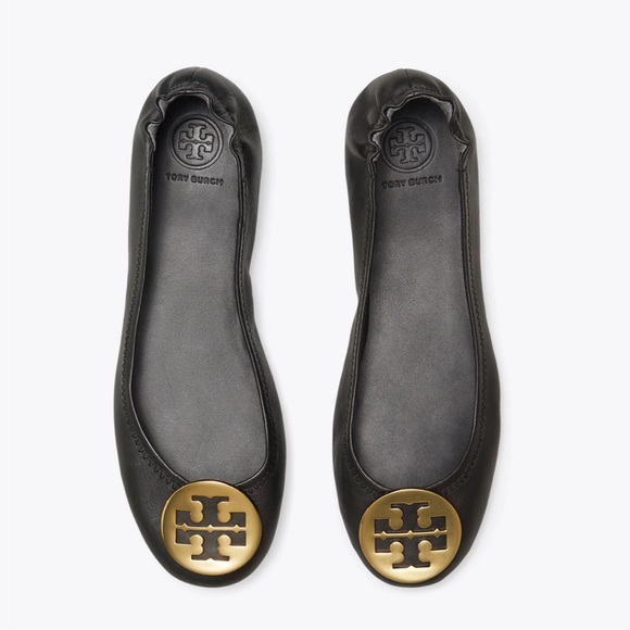 Tory Burch classic black leather + gold logo ballet flats - Picture 1 of 9